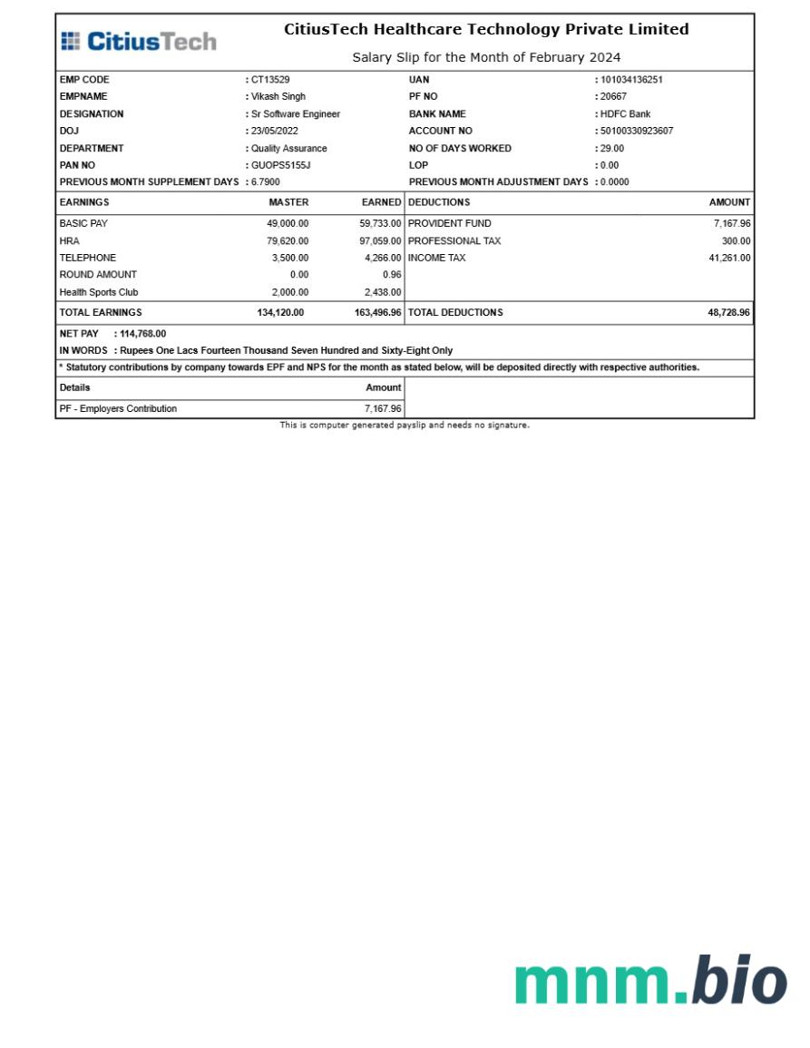 Szablon odcinka wypłaty CitiusTech Healthcare Technology w formatach Word i PDF